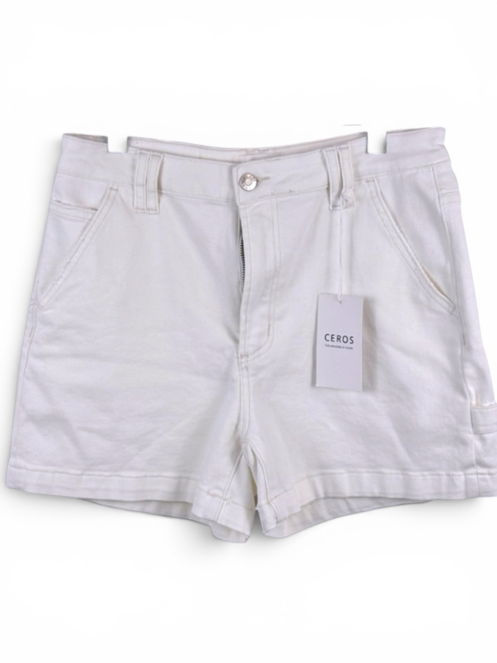 Ceros High Rise Carpenter White Denim Utility Shorts 29 NWT
